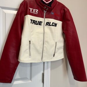 True Religion Moto Women's Red and Cream faux Leather Jacket M
